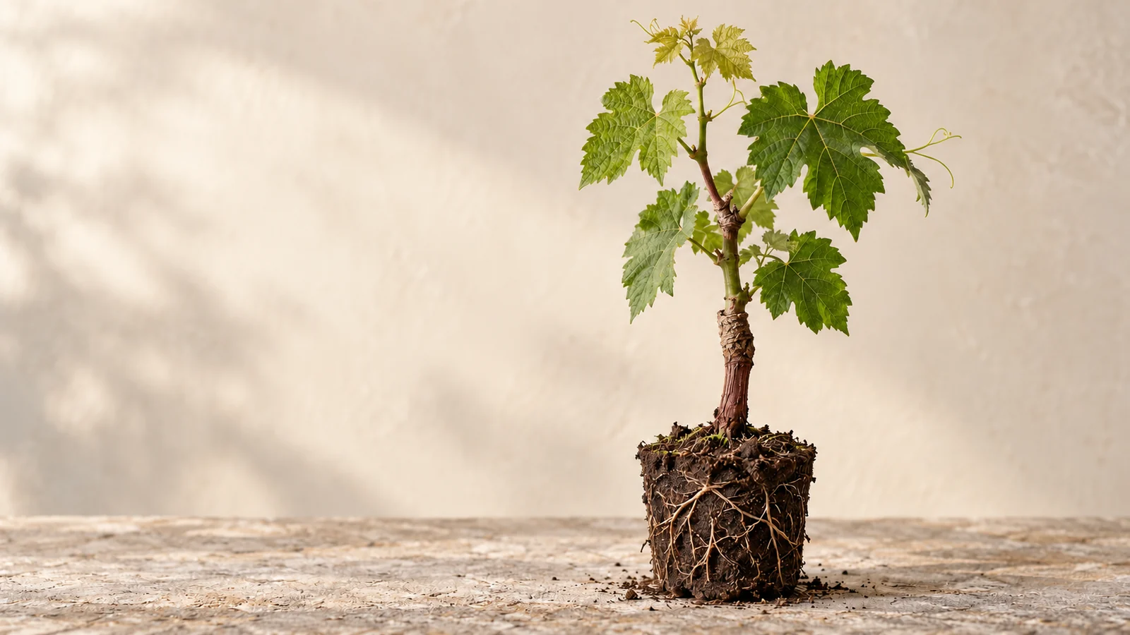 Contemporary editorial illustration of a young grapevine with a visible healed graft union above its roots.