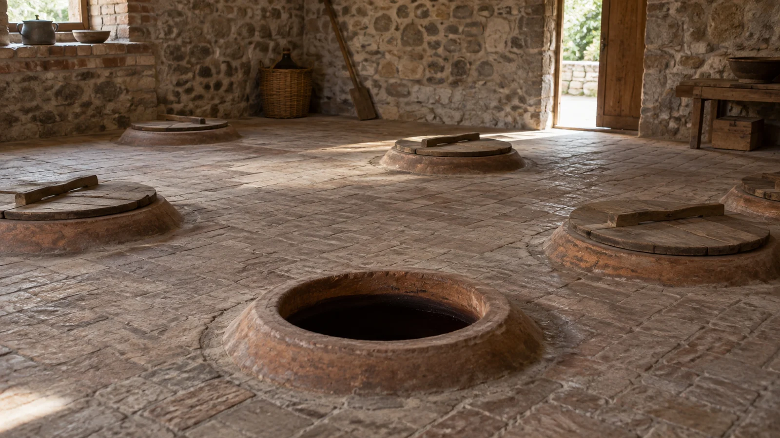 qvevri-cellar-illustrative-detail An illustrative cellar with the circular mouths of buried qvevri visible at floor level, several closed with plain lids.