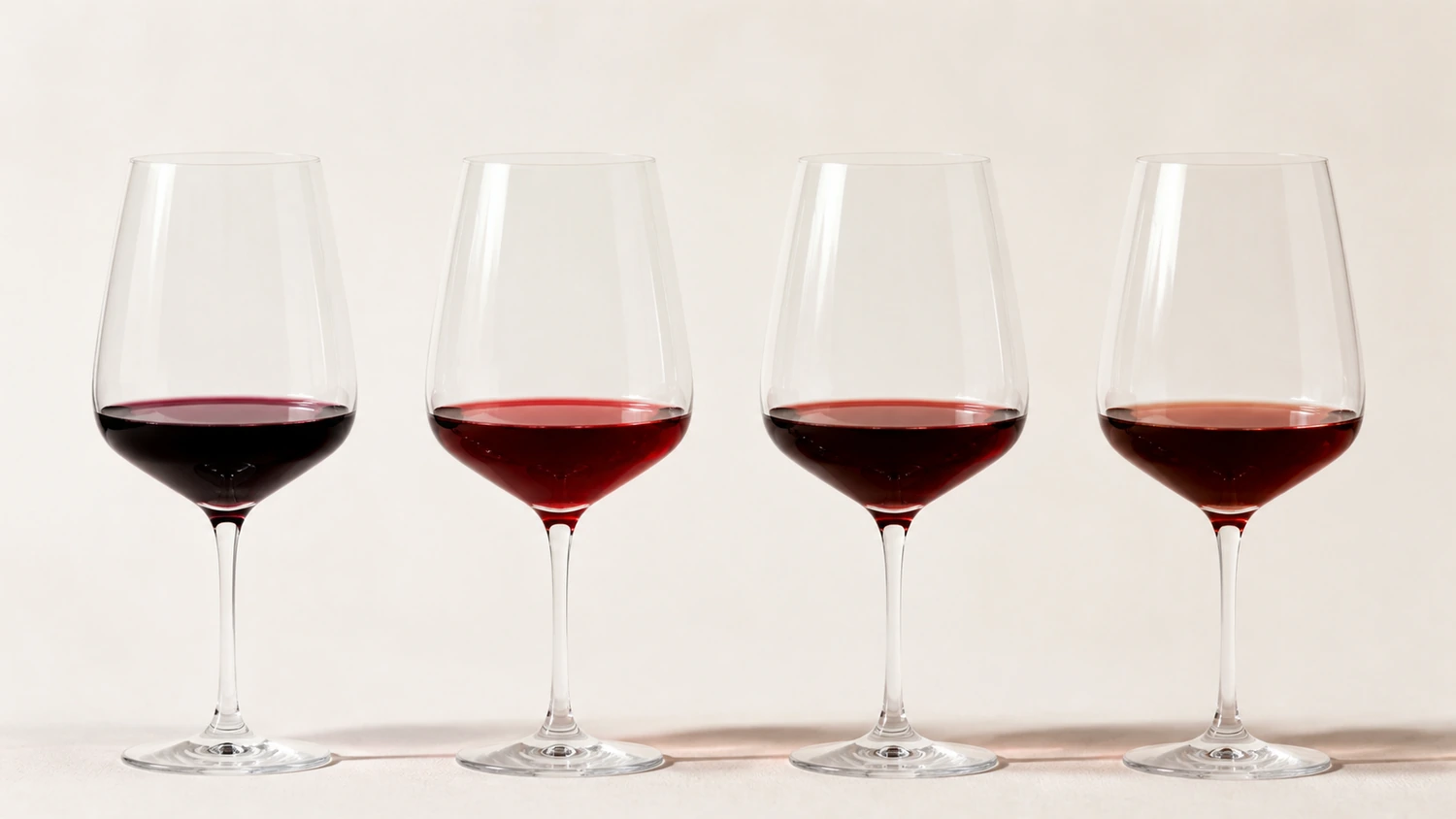 red-wine-color-expressions Four separate red wines displaying violet, ruby, garnet, and brick-toned color expressions, presented as examples rather than a fixed aging timeline.