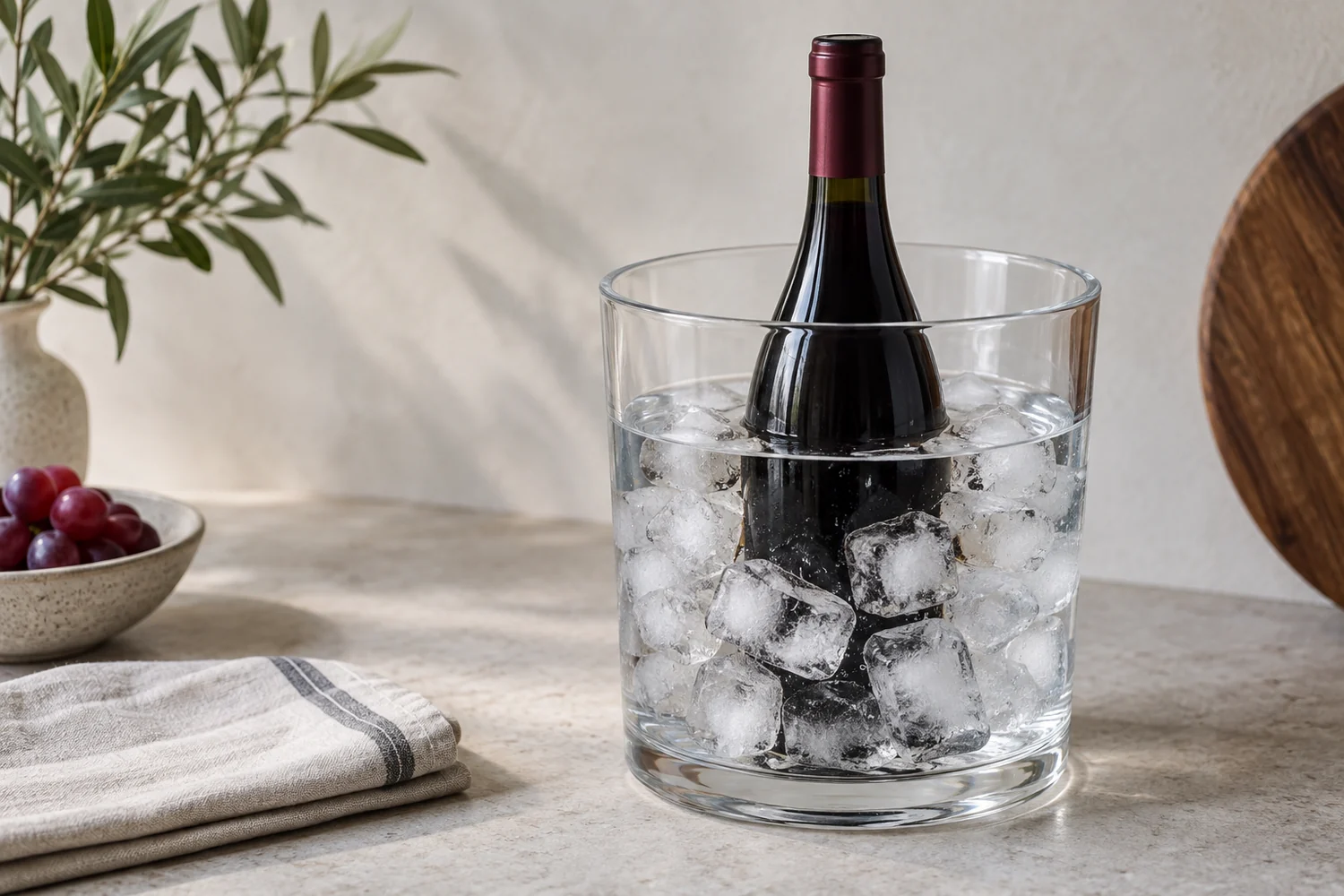 an ordinary cooling method A sealed anonymous wine bottle cooled upright in ice and water with its neck above the waterline.