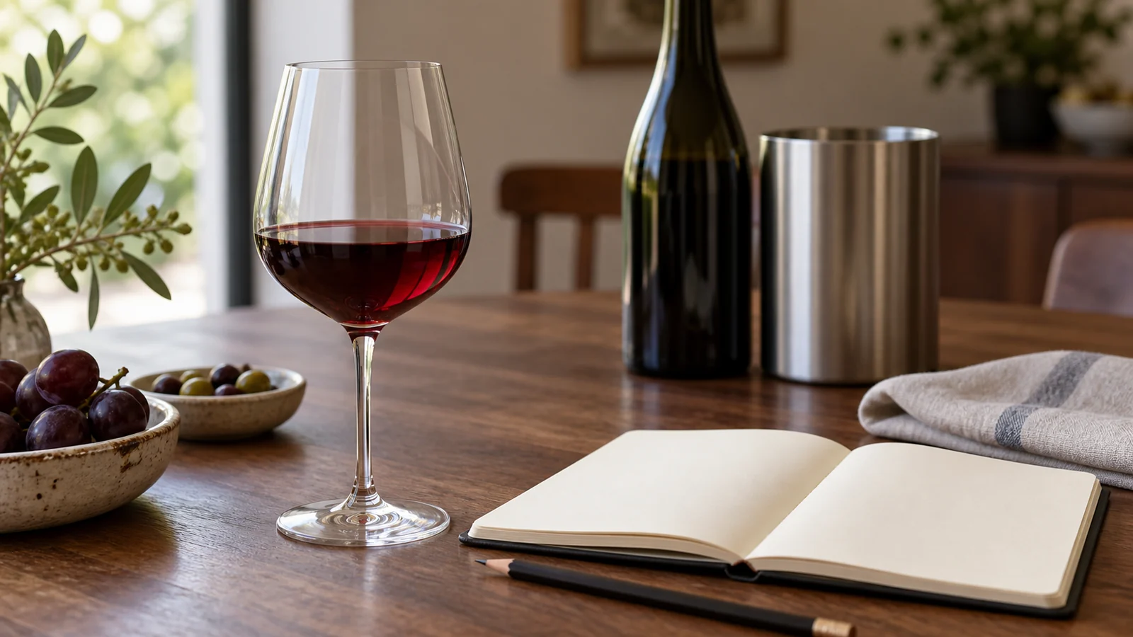 a service conversation rather than a ranking A small red-wine pour beside an open blank notebook and a pencil on a quiet dining table.