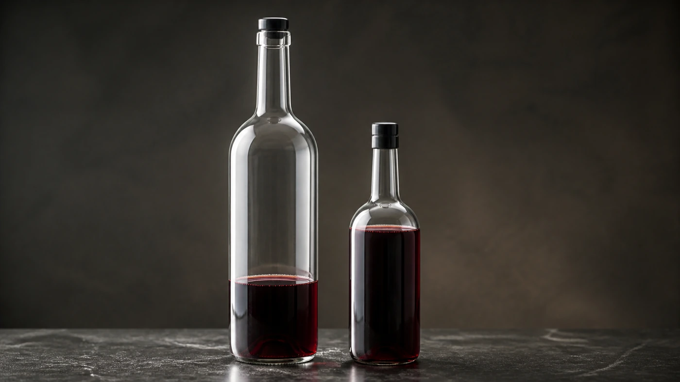 The same amount of red wine shown in a mostly empty standard bottle and a nearly full smaller bottle, illustrating the role of headspace after opening.