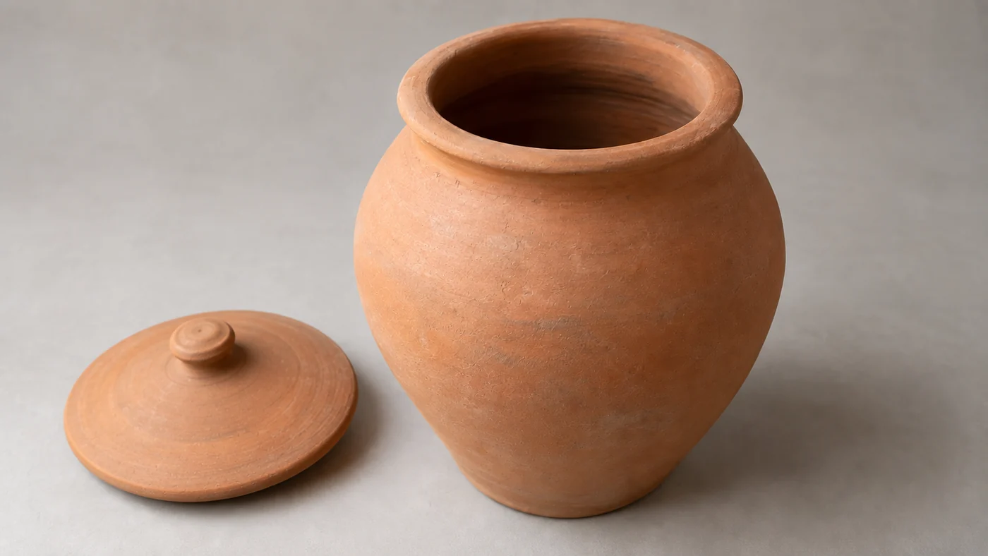 The rim and interior of an empty modern clay-jar replica, with its removable lid resting beside it.