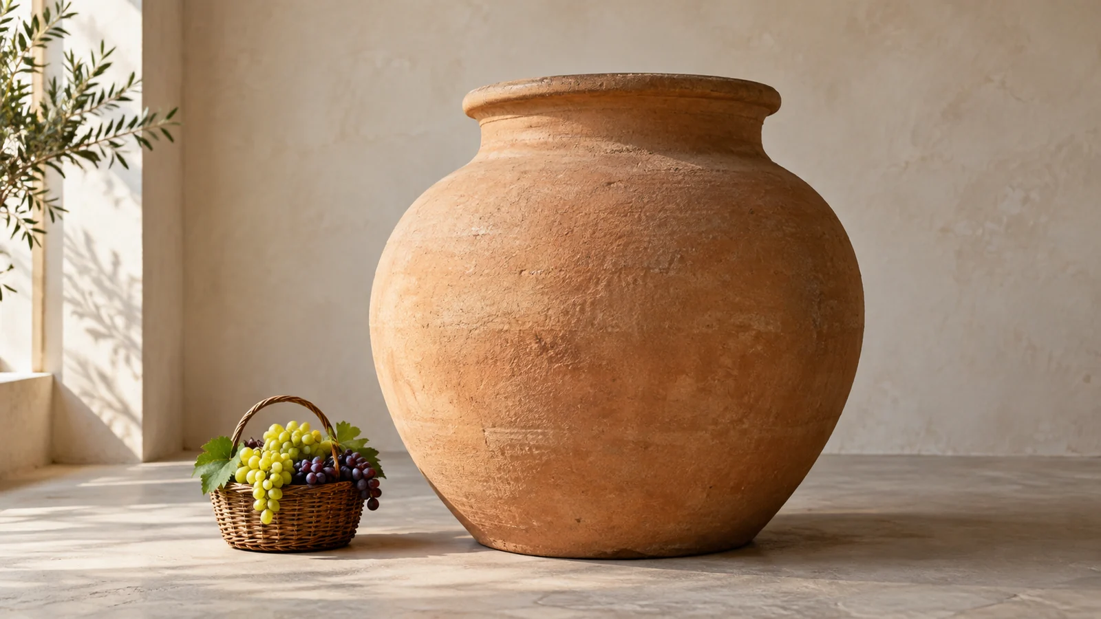 A modern, generic terracotta winery-jar replica beside a small basket of grapes in a quiet contemporary studio.