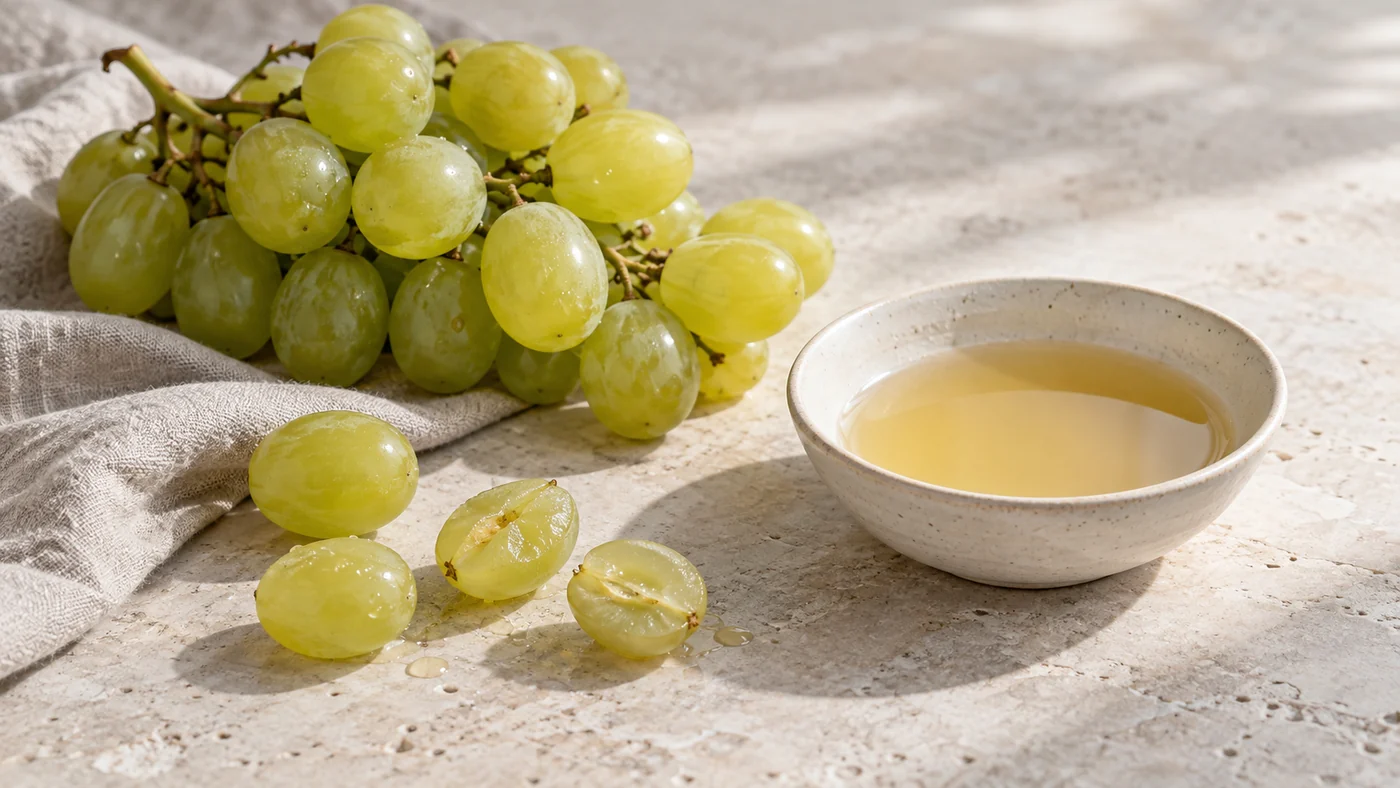 Fresh grapes beside a shallow contemporary ceramic bowl with a little newly pressed grape juice.