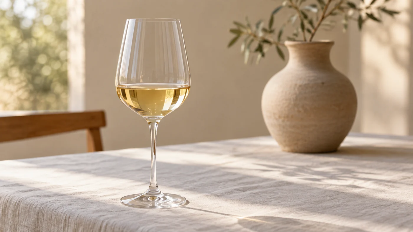 A contemporary wine glass on a linen-covered table, with an undecorated modern clay vessel softly out of focus behind it.