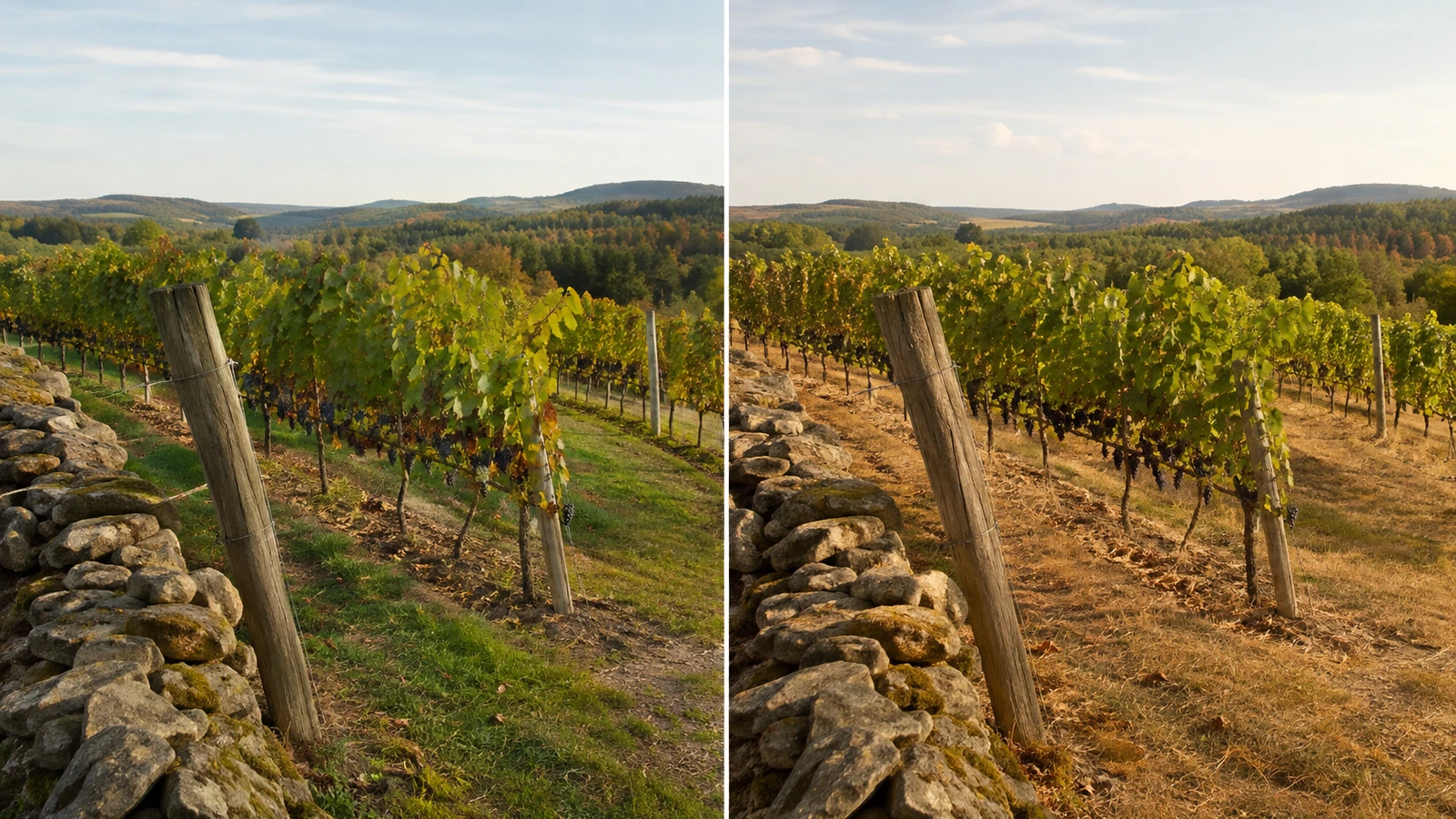 The same anonymous vineyard seen from one fixed viewpoint in two different growing seasons, with identical stonework and vine rows but contrasting harvest timing and climatic conditions.