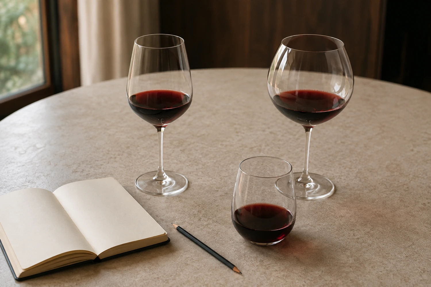 same-wine-three-glasses-test A controlled home tasting with the same wine in three different clean glasses, accompanied by a blank notebook and pencil for recording observations.