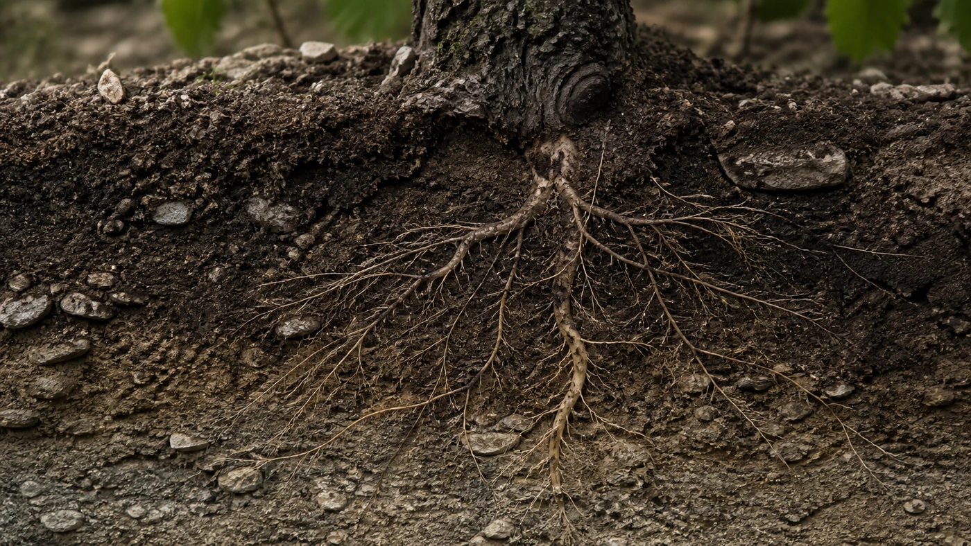 soil-shapes-vine-not-flavoring Fine grapevine roots moving through a natural soil profile with stone, moisture, and organic layers, illustrating soil influence through vine physiology.
