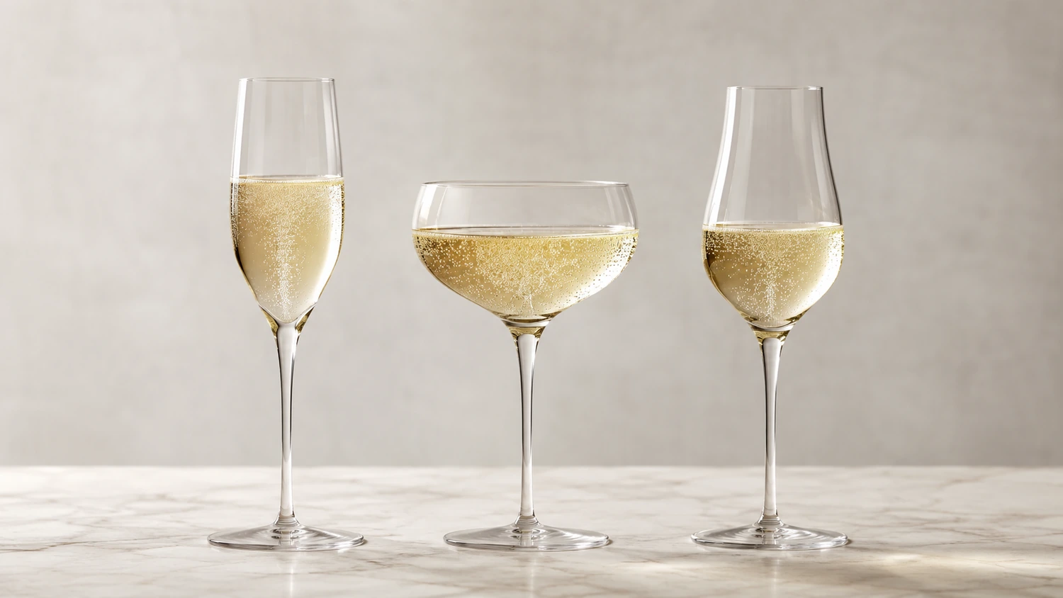 sparkling-wine-glass-tradeoffs Equal pours of sparkling wine in a flute, a shallow coupe, and a tulip-shaped sparkling glass, showing different vessel geometries and realistic bubble patterns.