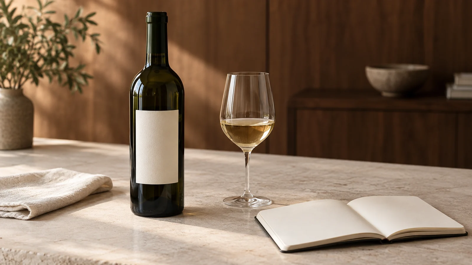 An anonymous wine bottle turned toward its plain back label beside a pale wine and an open notebook on a softly lit table.