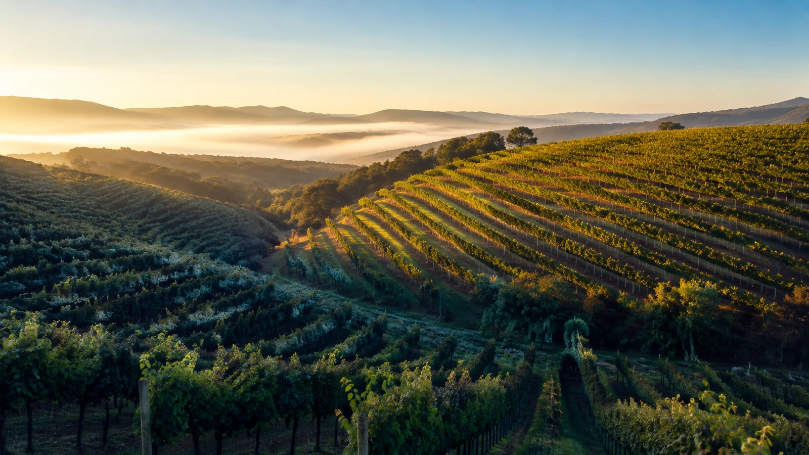 A vineyard hillside at first light, with one curved slope receiving warm morning sun while an adjoining aspect remains cool and shaded, illustrating how exposure changes the timing of energy without ranking vineyard quality.