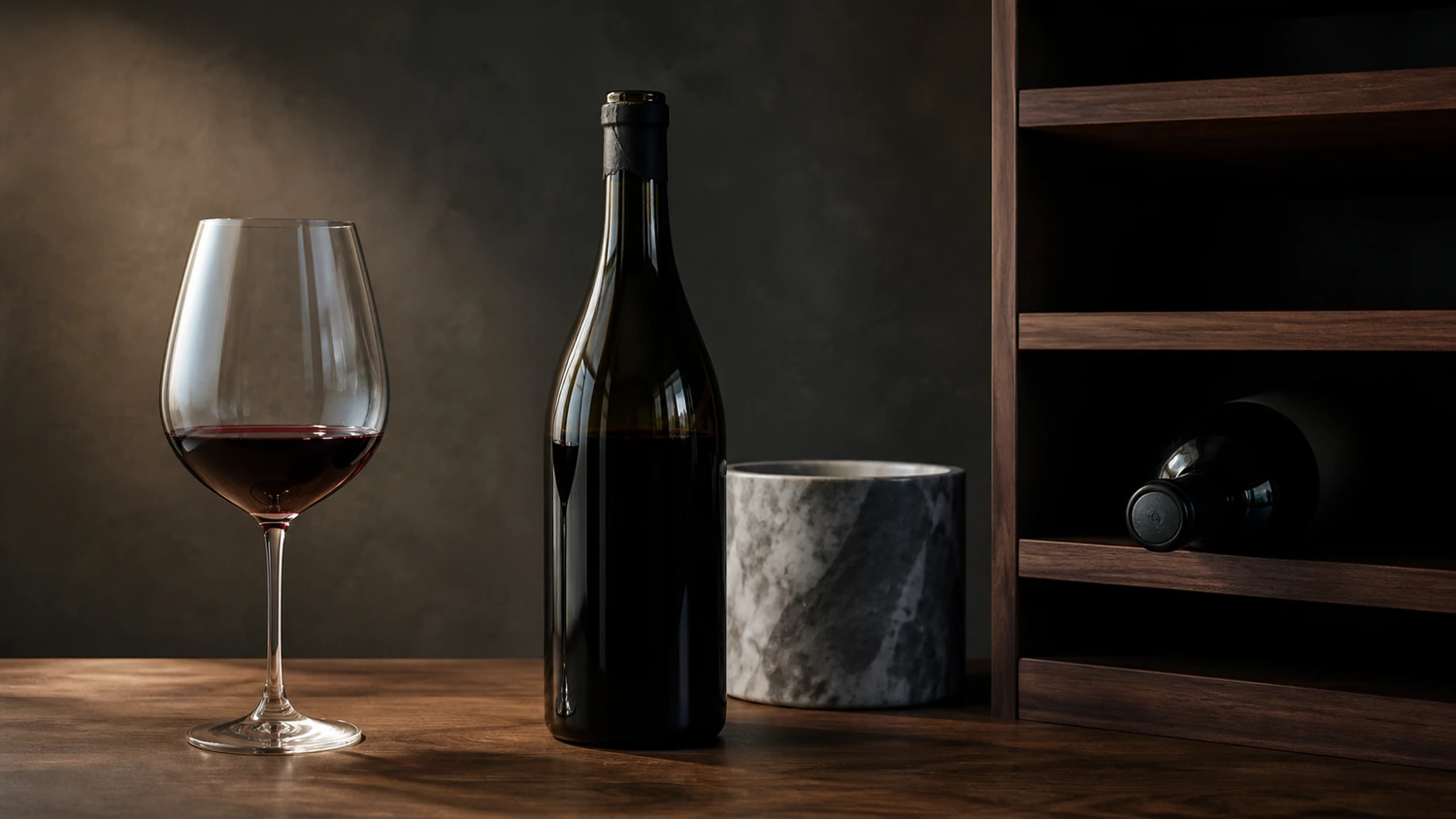 Three connected wine moments—service in a glass, preservation of an opened bottle, and long-term storage of a sealed bottle—representing wine’s three different time scales.