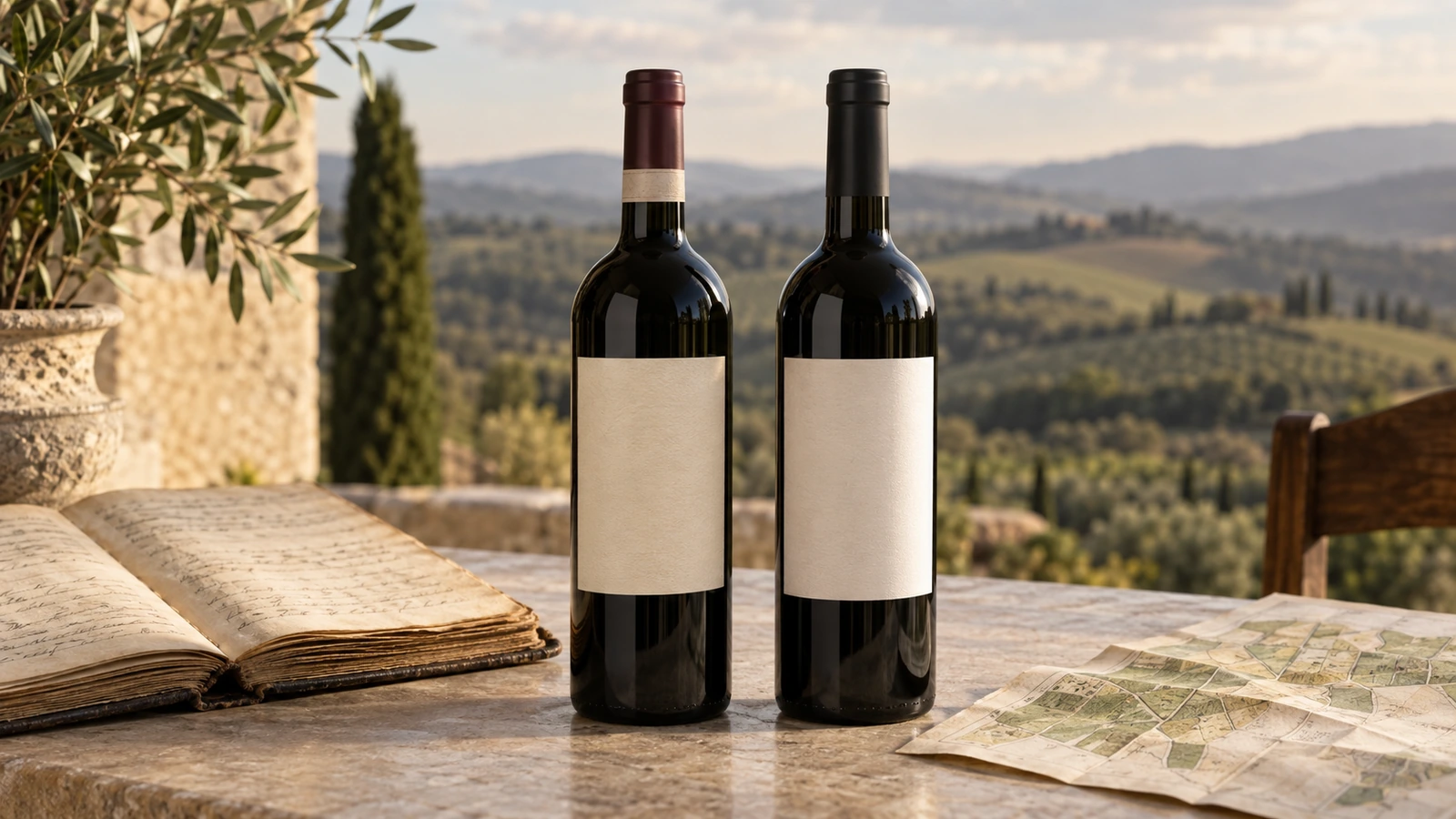 Two anonymous Tuscan wine bottles beside a historic rulebook and vineyard map, illustrating the tension between protected classification and winemaking innovation.
