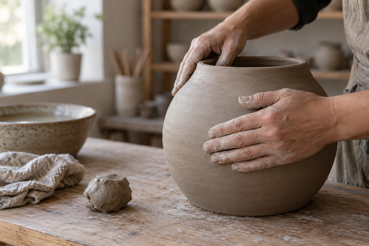 Contemporary craft illustration. It does not portray a named historical person or reproduce a documented Nasca vessel. Contemporary illustration of an artisan’s hands smoothing an undecorated clay vessel on a studio table.