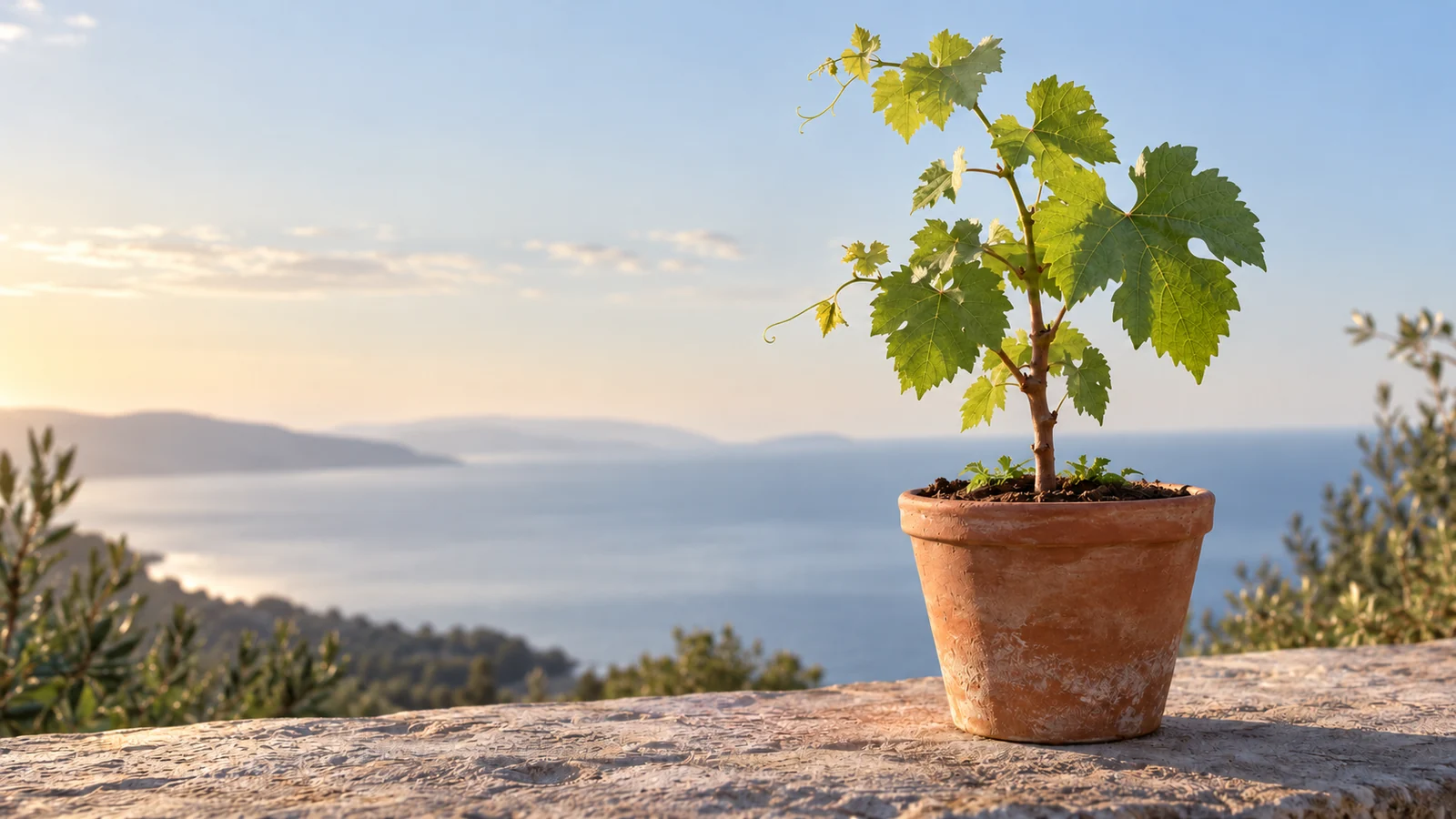 Contemporary editorial illustration of a young grapevine in a plain clay pot, with an indistinct ocean horizon beyond.