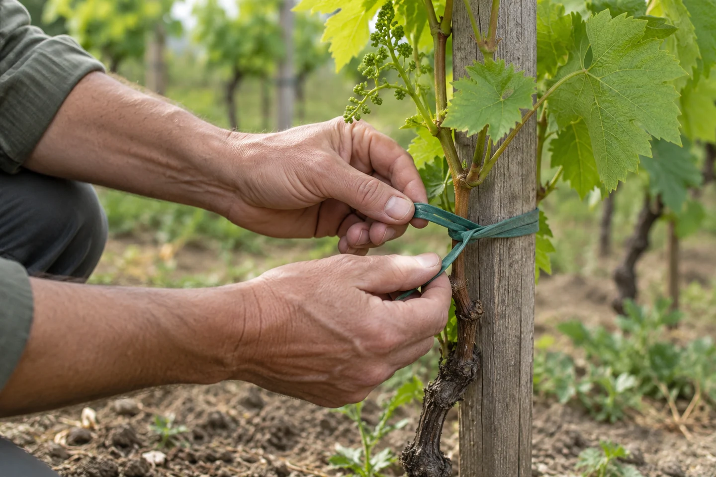 Contemporary editorial illustration of vineyard care; not a reconstruction of a particular colonial site or labor relationship. Contemporary illustration of adult hands checking a soft tie beside a young grapevine and a wooden support.