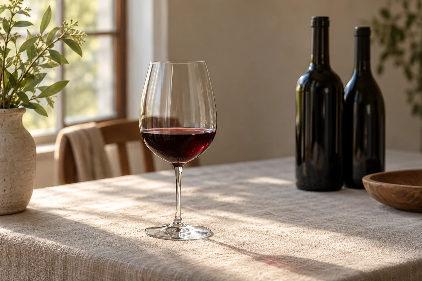 A present-day editorial still life, not a recreation of colonial wine or a comparison of identified bottles. Contemporary illustration of a glass of red wine on a linen-covered table, with two unlabeled bottles out of focus.