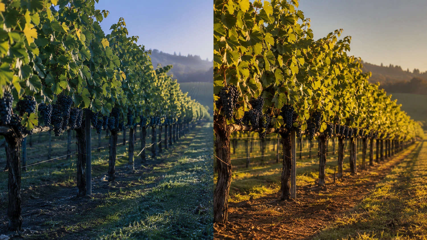 vineyard-morning-afternoon-exposure Two comparable vineyard canopy views showing equal grape rows under morning and late-afternoon light, illustrating that timing, ambient heat, wind, and shade alter the effect of exposure.