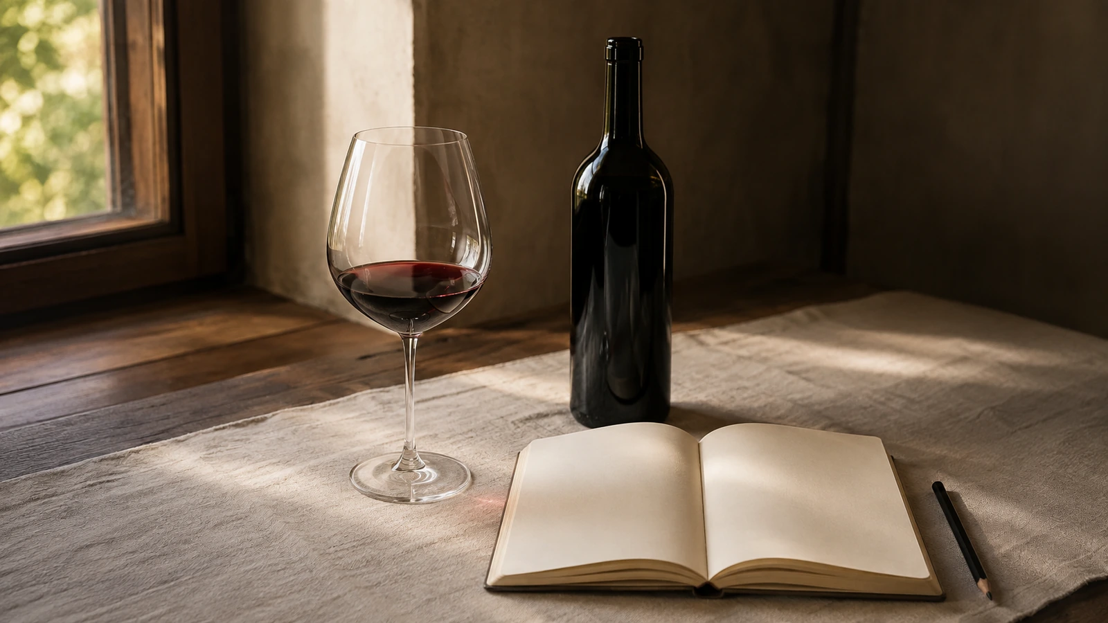 An open tasting journal beside a glass of red wine and an unlabeled bottle on a softly lit linen-covered table