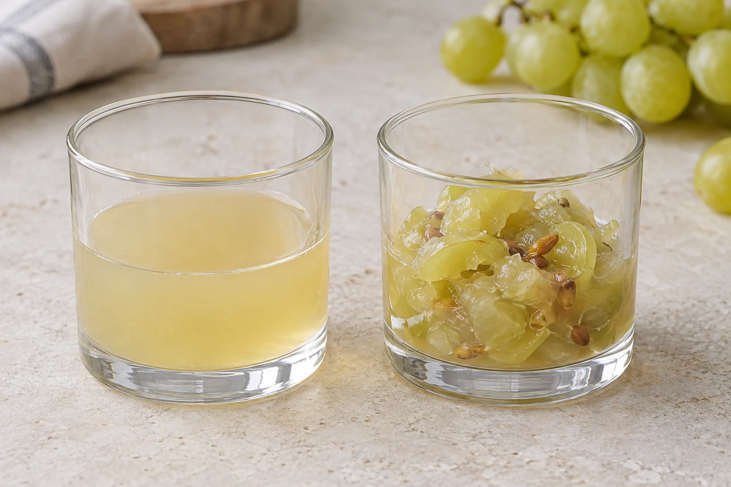 white-grape-skin-contact-comparison Two small open glass vessels showing pressed white-grape juice and a separate educational sample of crushed white grapes with skins.