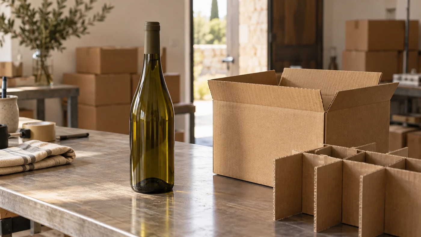 An unbranded wine bottle beside a cardboard shipping divider and a packing carton on a winery workbench. 
