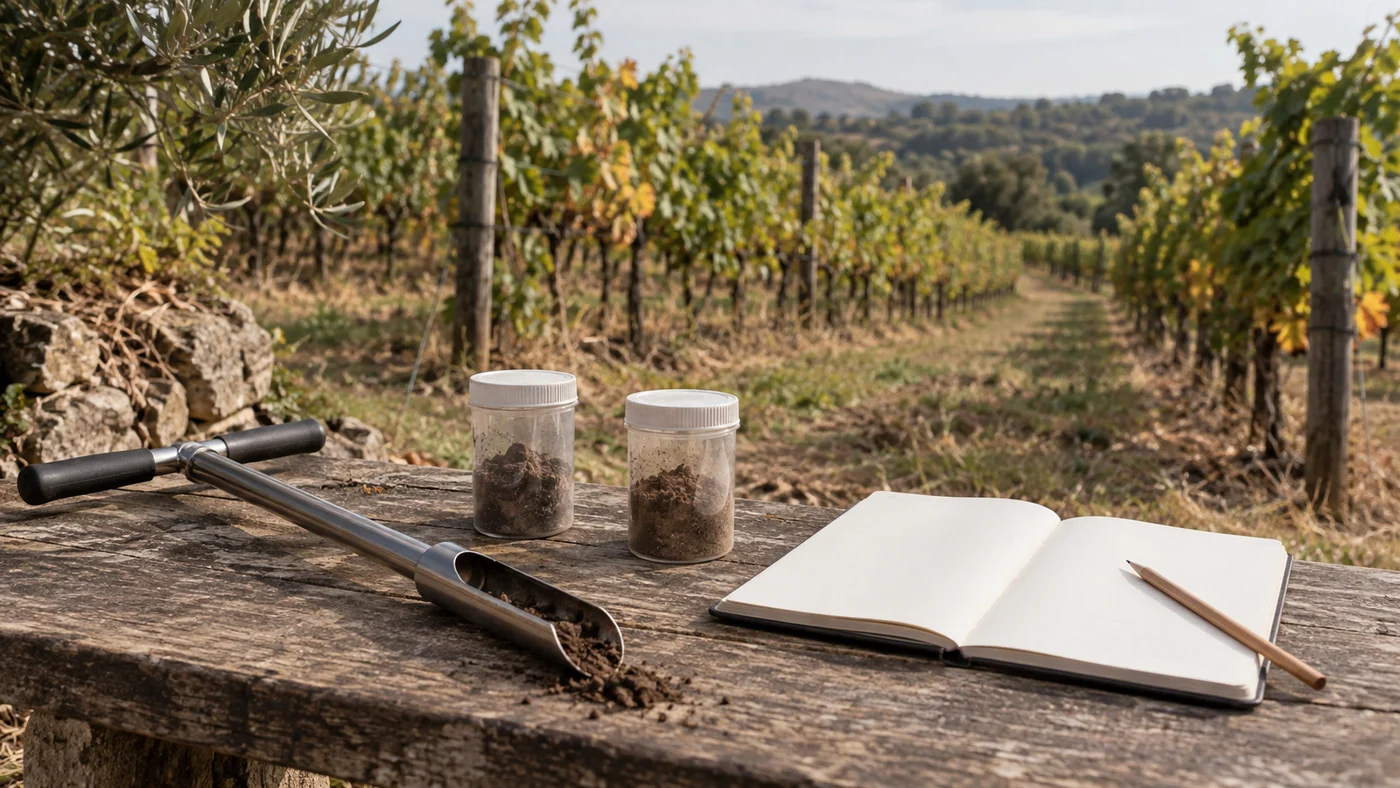 A soil sampling tool and plain sample containers beside a blank field notebook at the edge of a vineyard.  