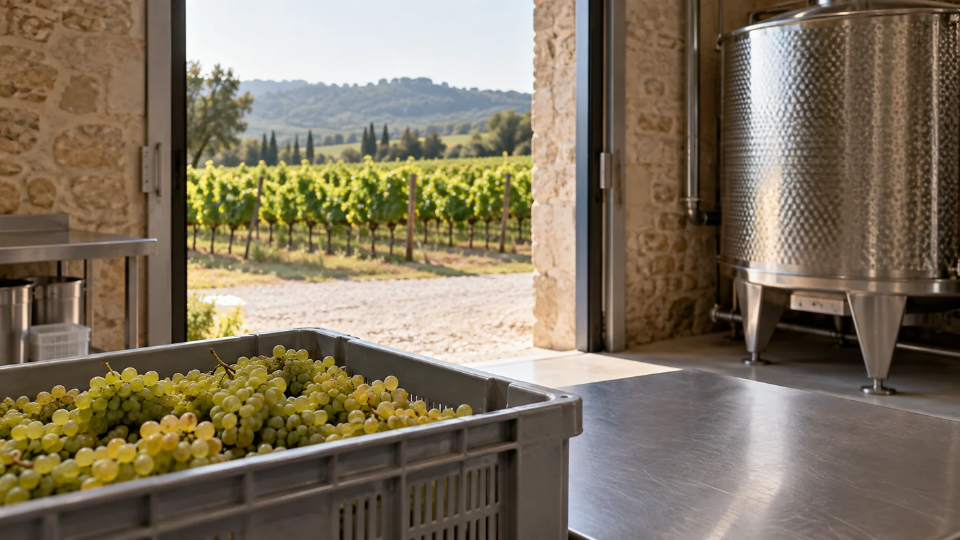 White wine grapes in a harvest crate near a clean winery doorway, with vineyard rows visible outside.  