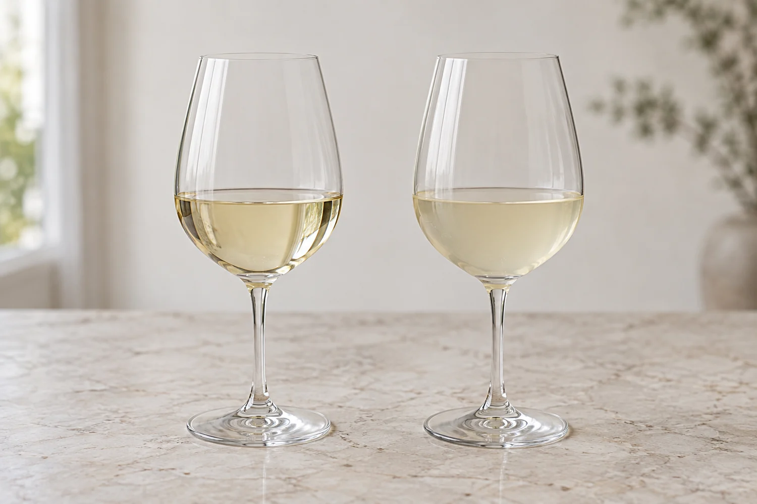 wine-clarity-observation-not-certificate.png Two identical glasses of pale wine, one clear and one with slight haze, shown under the same neutral light.
