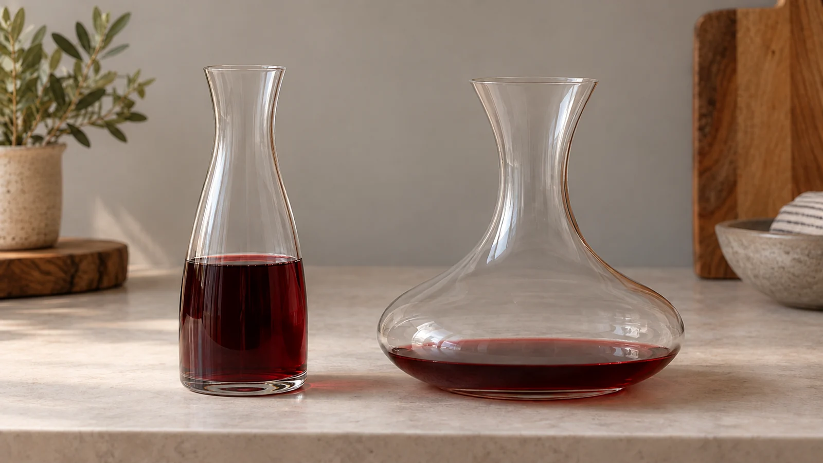 A narrow carafe and a broad decanter containing matching modest pours of red wine, without a ranking or timer.