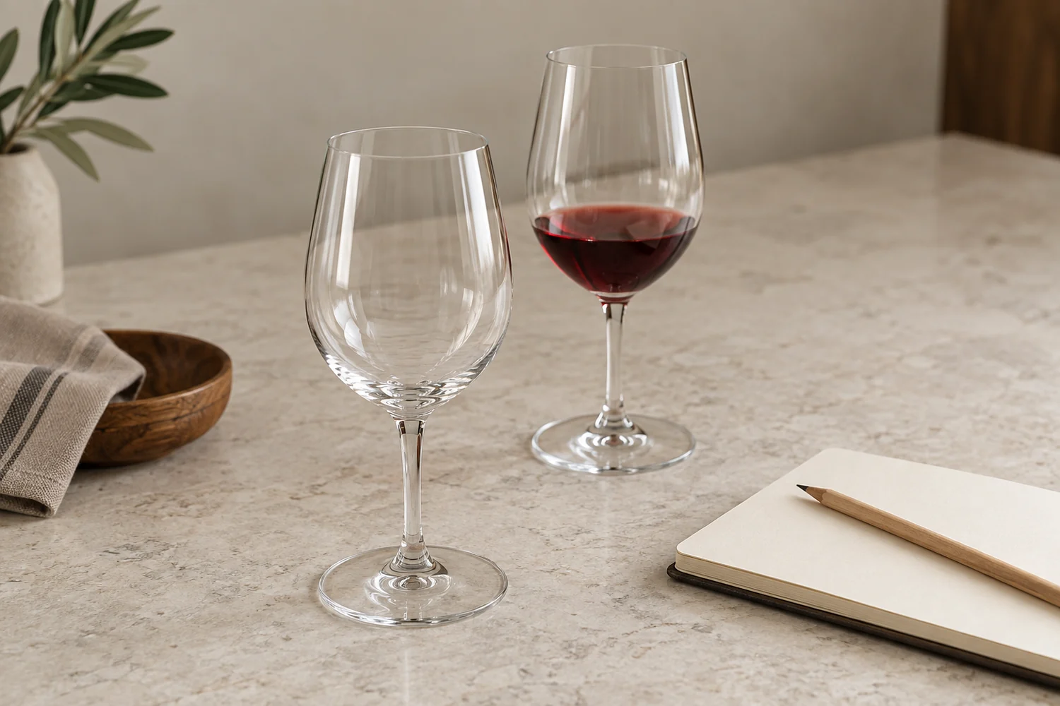 An empty wineglass beside a small red-wine sample and a blank tasting notebook on a clean counter.  