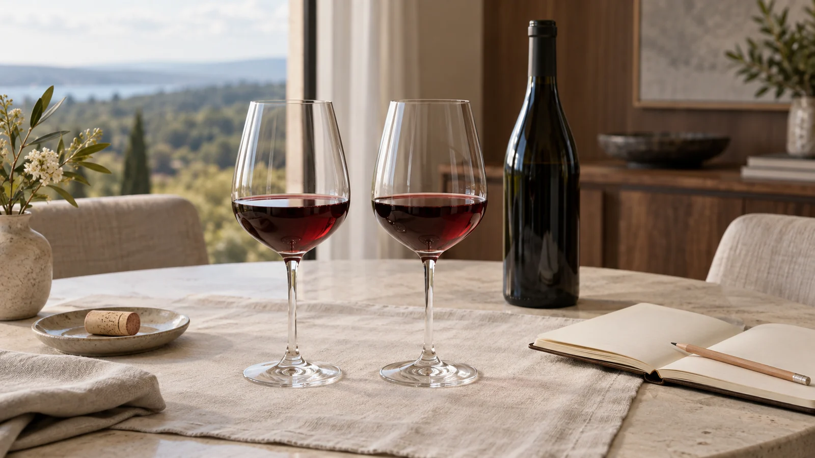 Two small pours of red wine beside an anonymous bottle and a blank notebook on a softly lit tasting table.