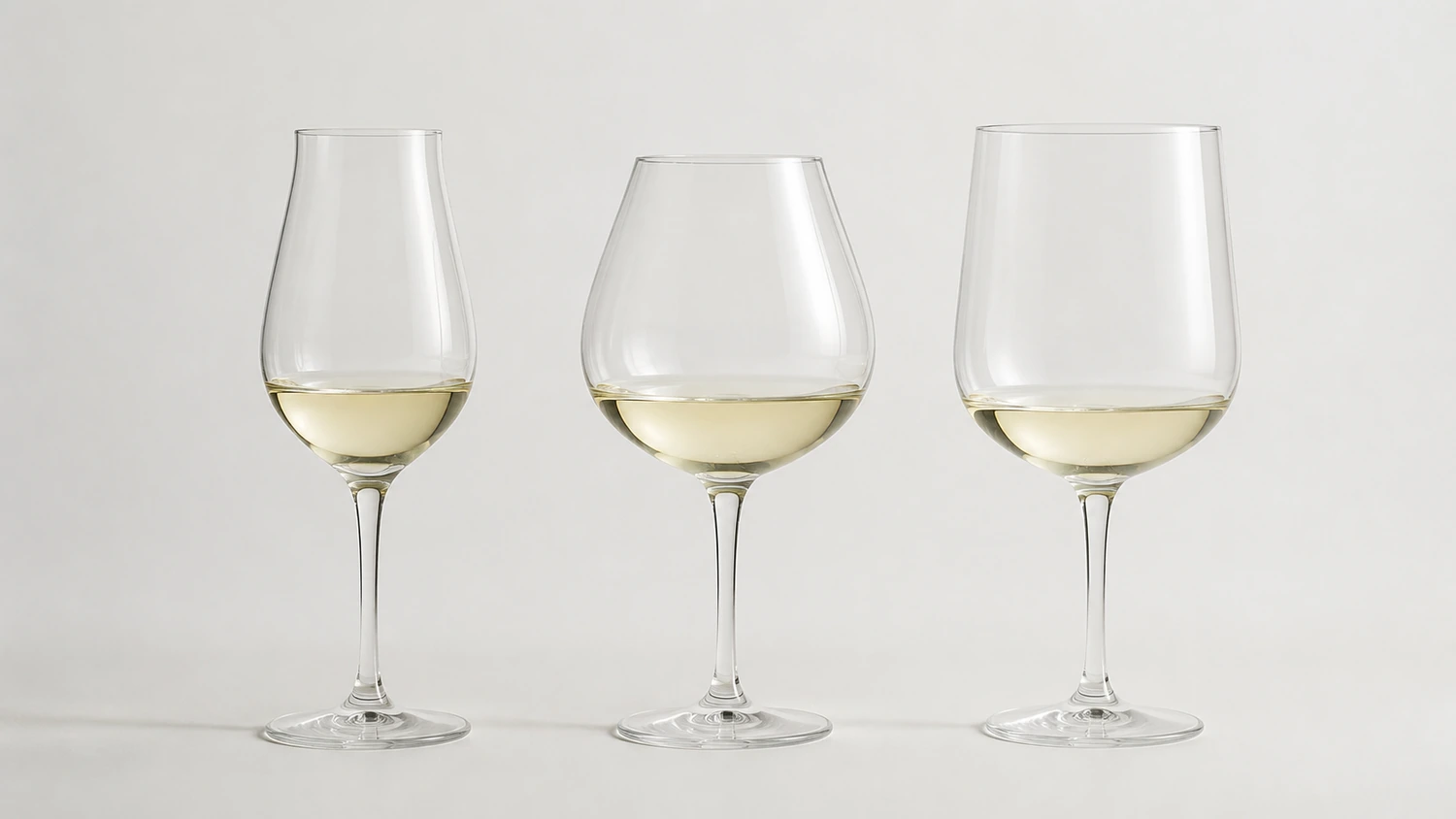 wine-glass-headspace-comparison Three clear wine-glass profiles holding equal white-wine pours, showing different relationships among liquid surface, bowl volume, headspace, and opening diameter.