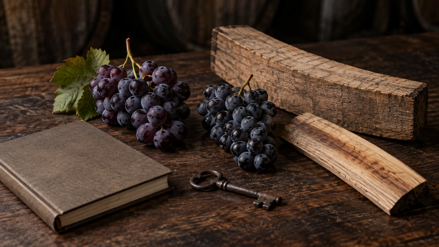 wine-law-innovation-tuscany Sangiovese and Cabernet-family grapes beside large-cask and barrique oak staves, representing grape and maturation choices in modern Tuscan wine.