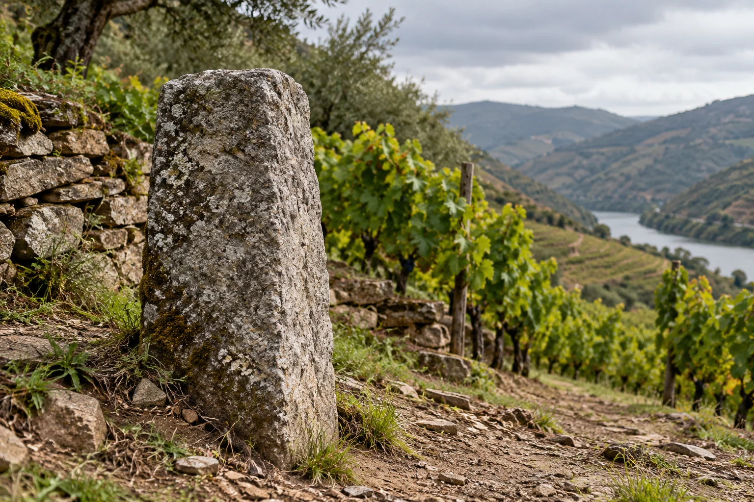Illustration of an uninscribed granite marker beside a vineyard terrace and a dry-stone wall.