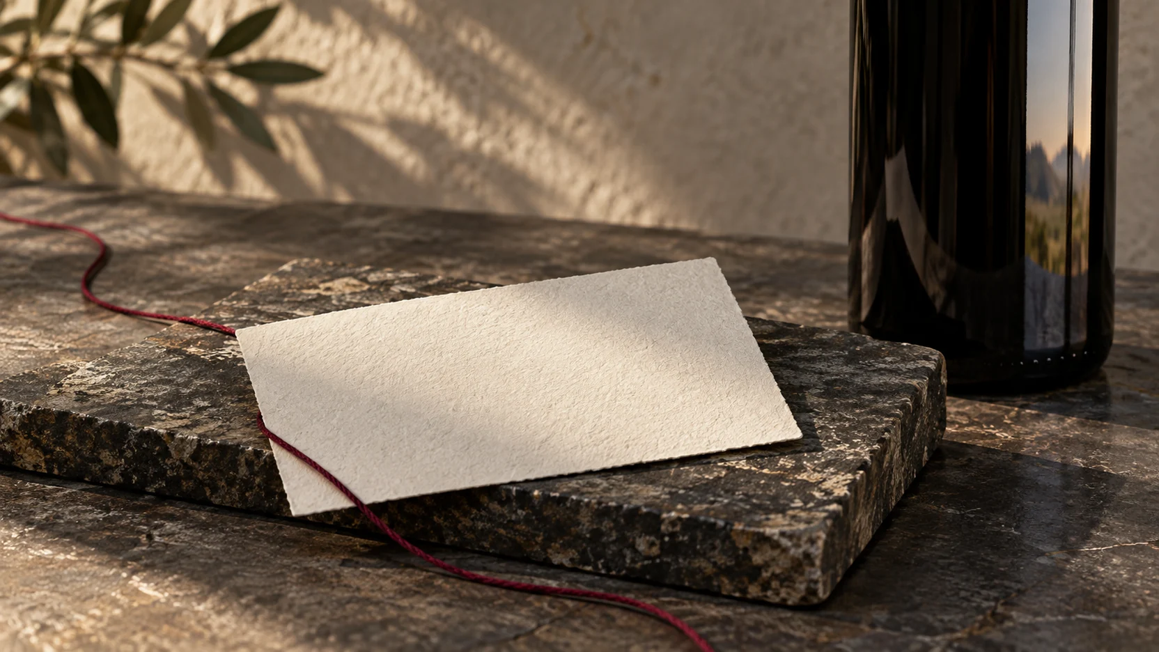 Conceptual still life of a blank wine label on dark stone, a burgundy thread and part of an unbranded bottle.