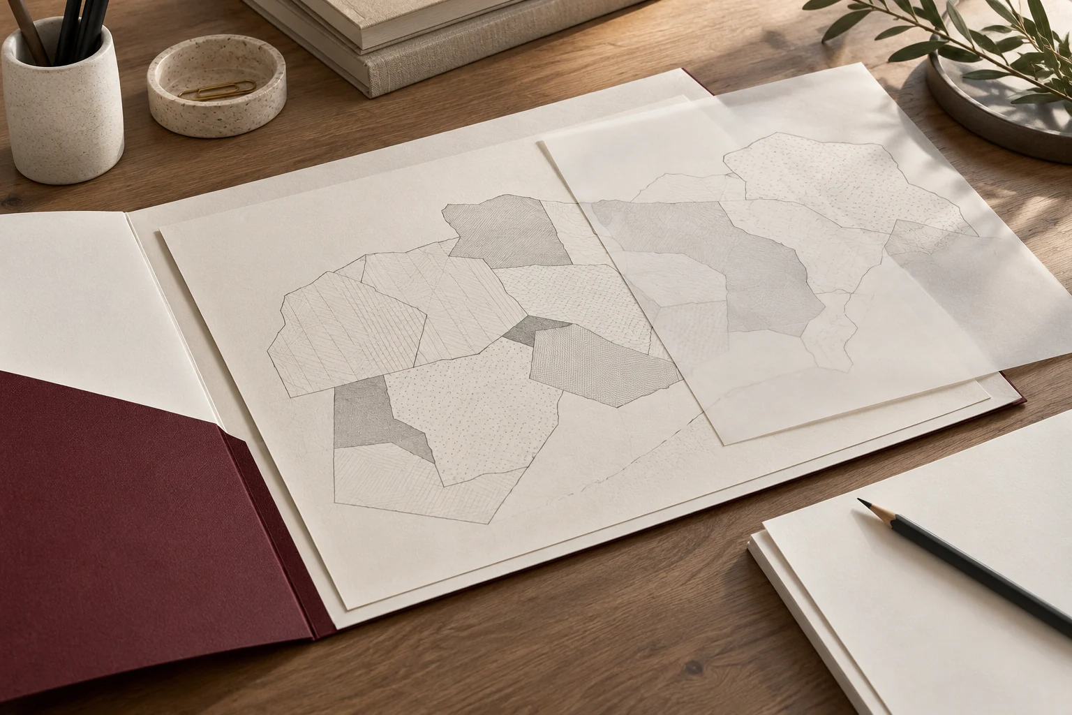 Conceptual illustration of an open file, overlapping abstract plans and a pencil on a desk.