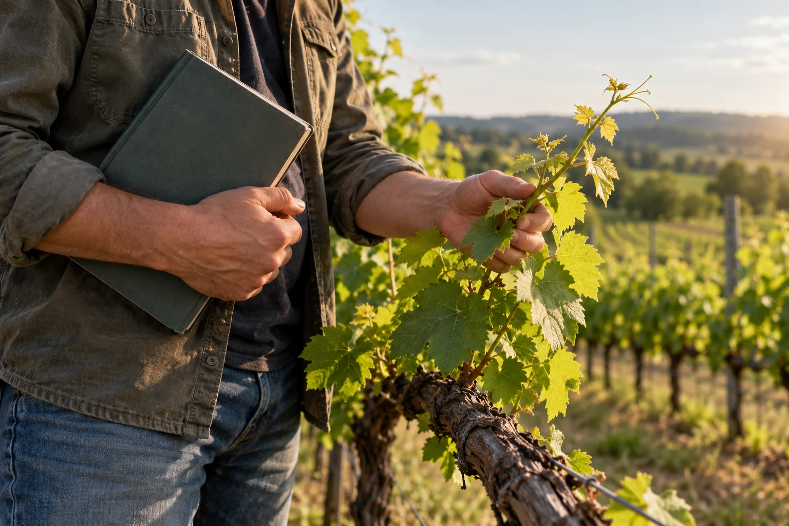 Contemporary illustration of an adult worker observing a vine shoot while carrying a field notebook.