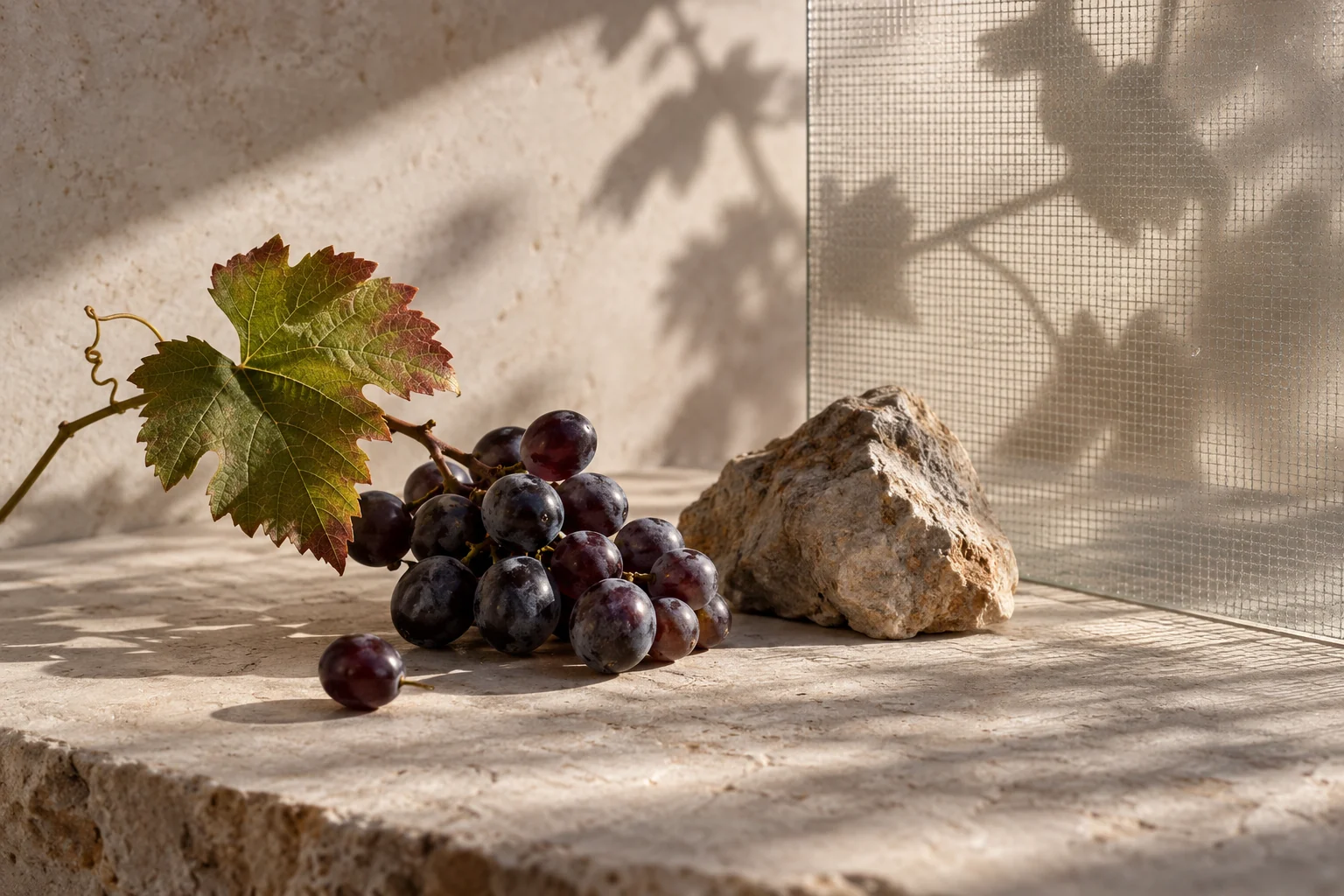 Conceptual still life of a vine leaf, grapes, a stone and layered shadows through a translucent screen.