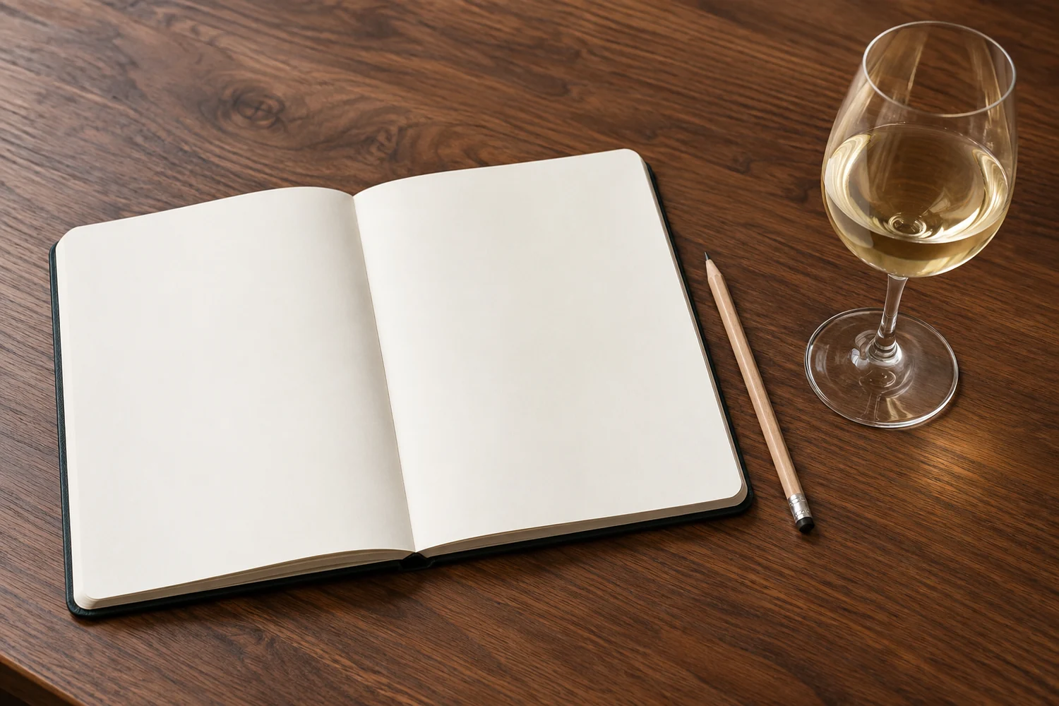wine-production-values-and-tasting A wine glass beside two blank notebook pages on a quiet table, leaving room to record production questions and sensory impressions separately.