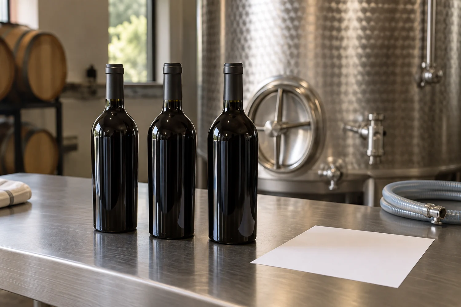 Protection continues after the cellar decision A small winery work surface with closed anonymous bottles and a stainless-steel vessel in the background.