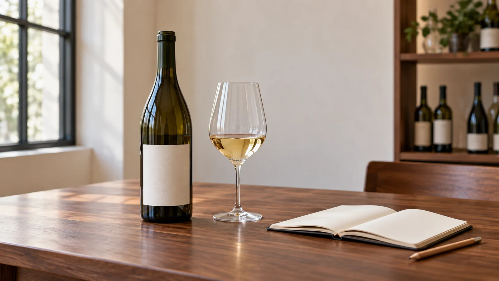 An anonymous wine bottle and a small pale-wine pour beside a blank notebook on a softly lit wooden table.