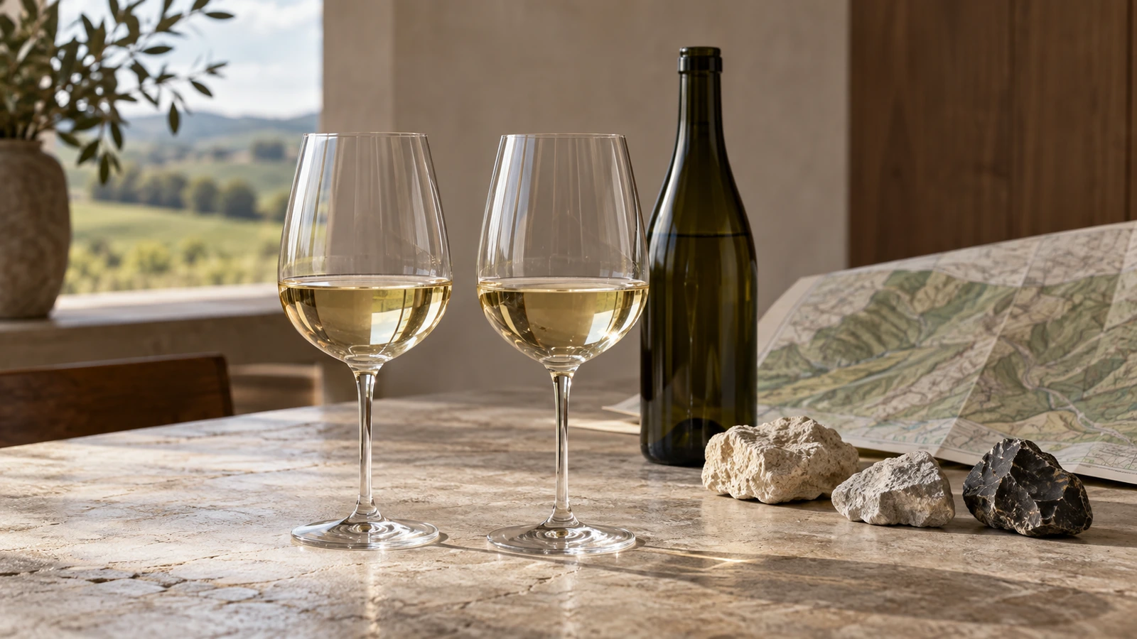 Two identical glasses of pale white wine beside an anonymous bottle and folded vineyard map, illustrating how place, typicity, and expectation meet in the glass.